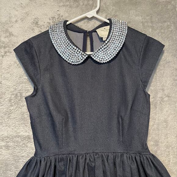 Kate Spade Kimberly Peter Pan Rhinestone Crystal Collar Denim Dress Sz 0 Elegant - Picture 2 of 8